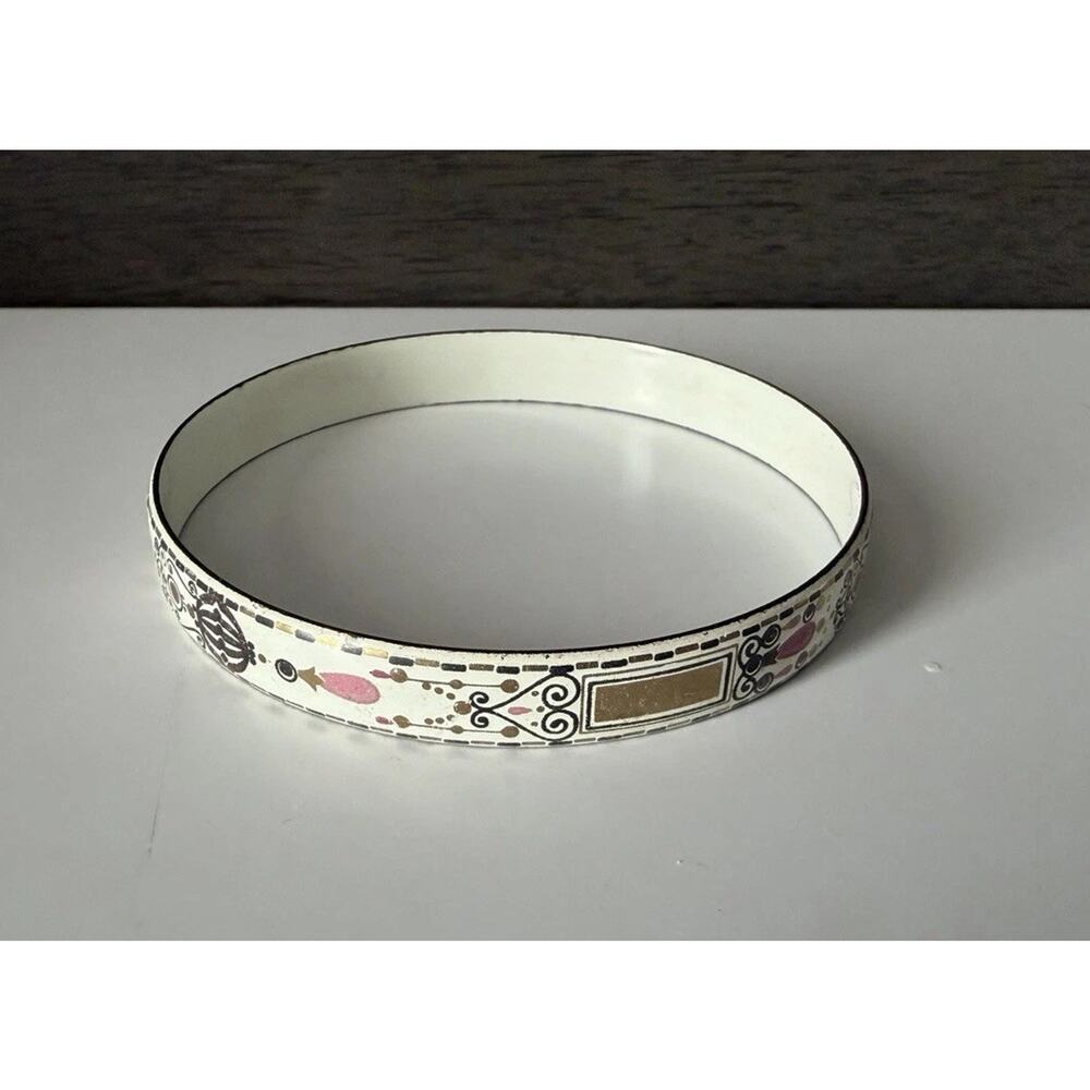 Vintage Marlene White Enamel Bangle Bracelet Pink Gold Black Art Deco Design